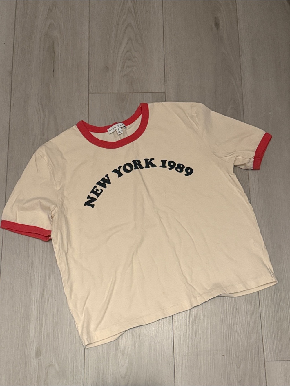 Neutral Cream Ringer Tee with Red Trim - NEW YORK 1989 Print